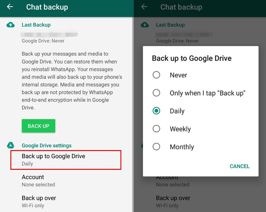 Backup di WhatsApp-Messaggi-Google-Drive