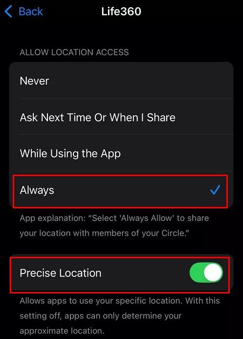 Verificar a configuração de localização do Life360 e a Localização precisa no iPhone