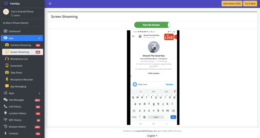 FamiSpy screen streaming
